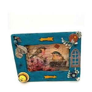 Unique Fun Junk Art Textured Teal Picture Frame Embellished Boho Decor